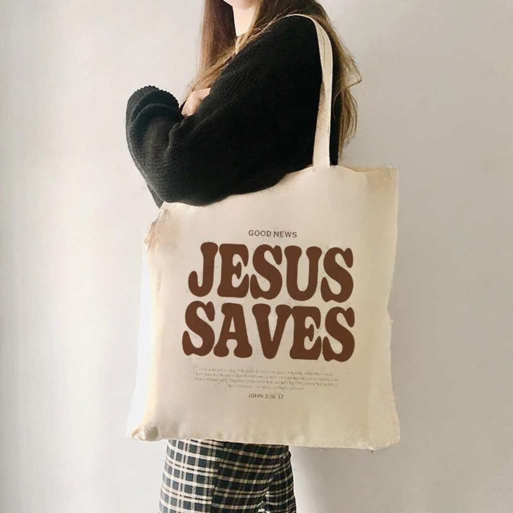 Cood News Jesus Saves Pattern Canvas Shoulder Tote Bag
