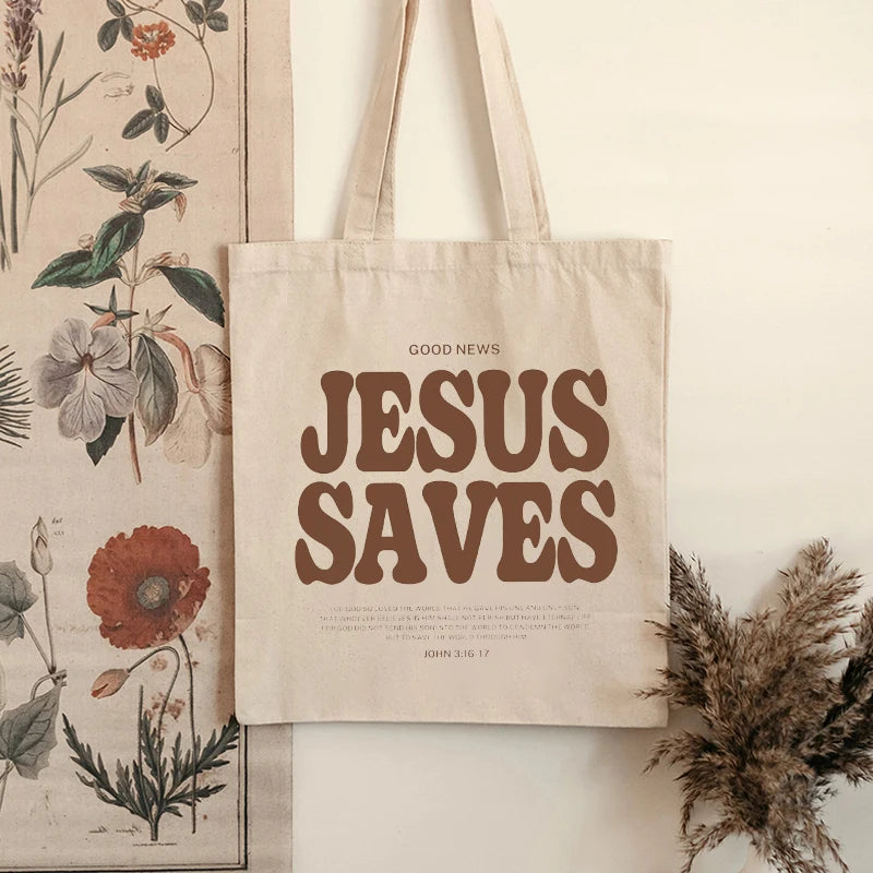 Cood News Jesus Saves Pattern Canvas Shoulder Tote Bag